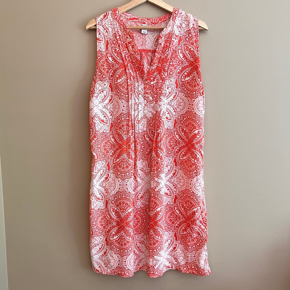 Old Navy Womens Red White Medallion Paisley Sleeveless Pintuck Shift Dress L - Picture 2 of 10